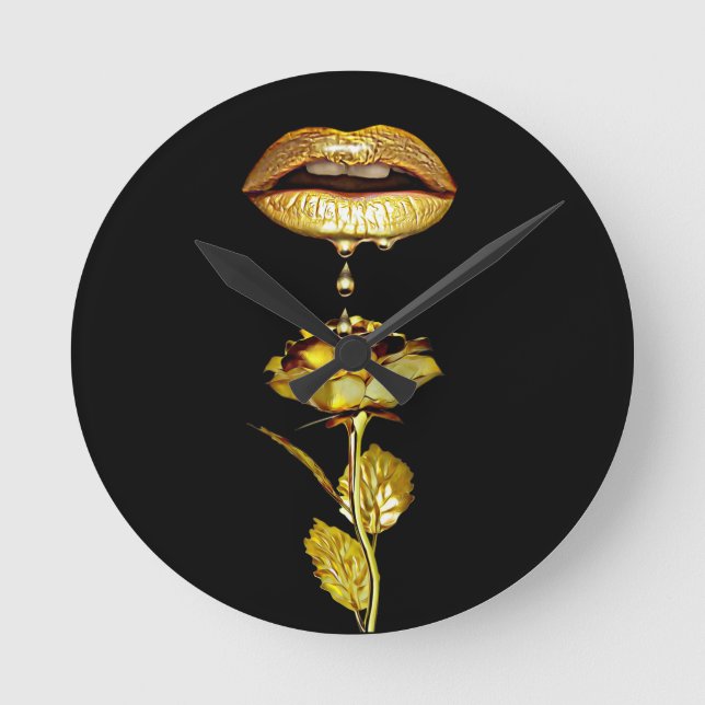 Golden Lips Dripping Liquid Gold Art  Round Clock (Front)