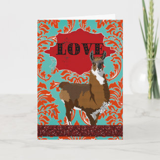 Golden Llama Love Red Damask Greeting Holiday Card