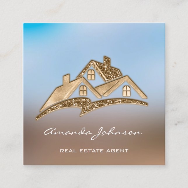 Golden Logo House Real Estate Agent Professional Square Business Card (Front)