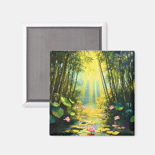 Golden Lotus Bamboo Forest Watercolor Magnet