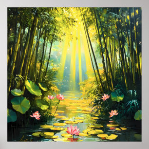 Golden Lotus Bamboo Forest Watercolor Poster