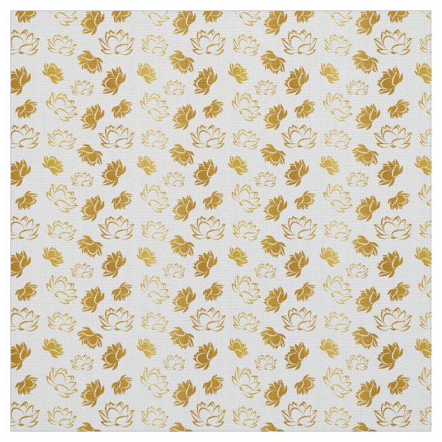Golden Lotus Flower Pattern on white Background Fabric (Swatch)