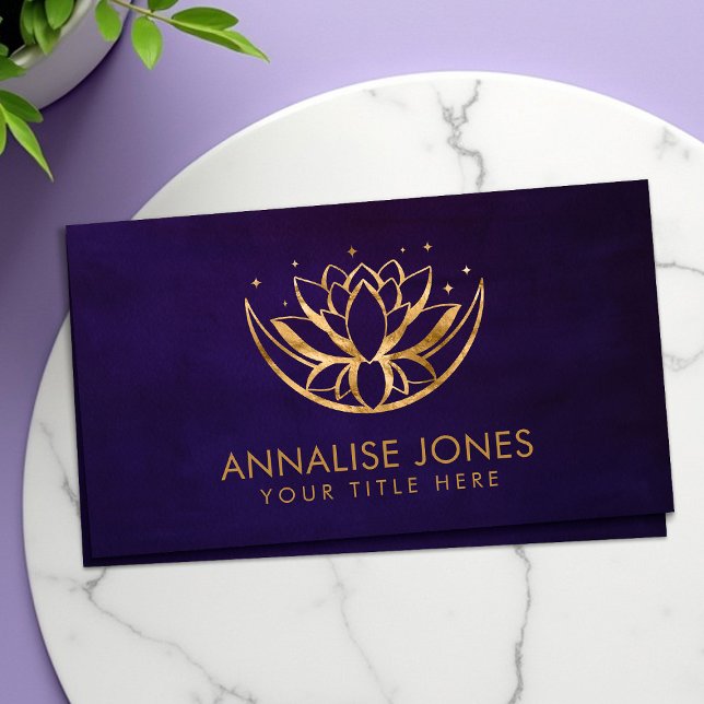 Golden Lotus flower shape and moon on purple Business Card (Creator Uploaded)