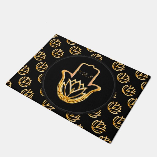 Golden Lotus Hamsa Hand Doormat (Angled)