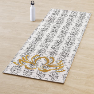Golden Lotus Silhouette on Black & White Pattern Yoga Mat
