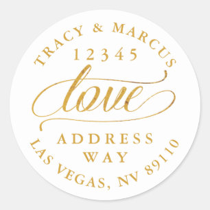 Golden Love Couples Wedding Address  Classic Round Sticker