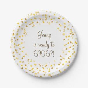 Golden Love Hearts She's Ready to Pop Baby Shower Paper Plate
