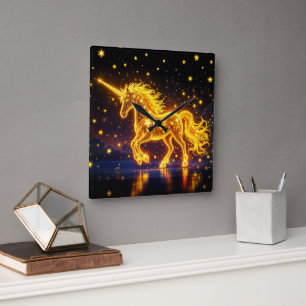 Golden lovely unicorn glow cute magic neon square wall clock