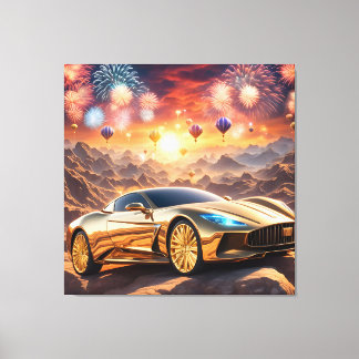 golden luxury car in a desert landscape canvas print