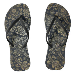 Golden Luxury Paisley on Black Background Jandals