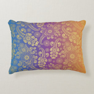 Golden Luxury Paisley on Blue, Purple and Orange Decorative Cushion