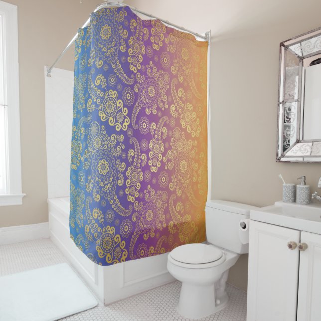 Golden Luxury Paisley on Blue, Purple and Orange Shower Curtain (In Situ)