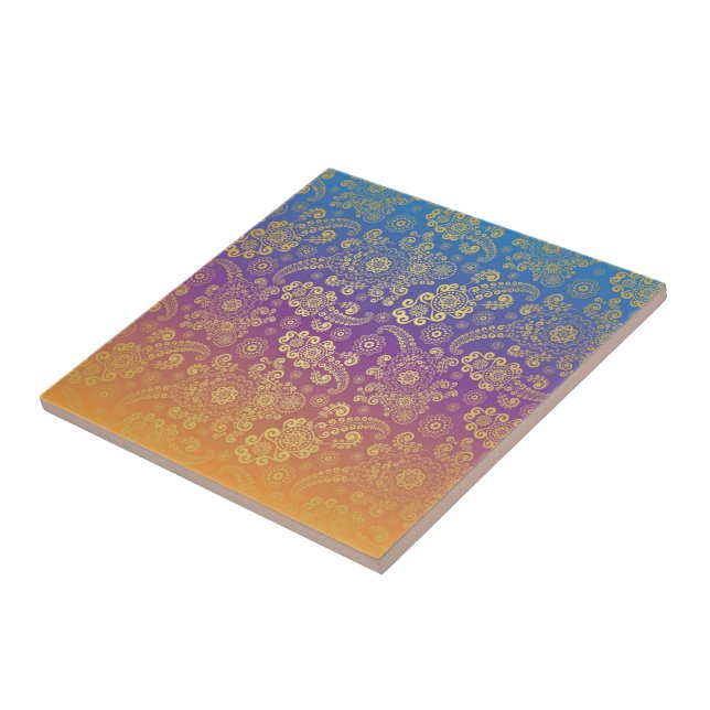 Golden Luxury Paisley on Blue, Purple and Orange Tile (Side)
