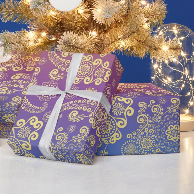 Golden Luxury Paisley on Blue, Purple and Orange Wrapping Paper (Holidays)