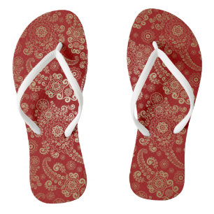 Golden Luxury Paisley on Red Background Jandals