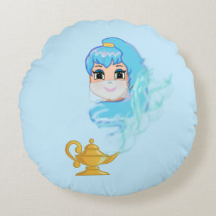 Golden magic lamp and genie on light blue round cushion
