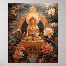 Golden Maitreya Buddha Pink Flowers Illustration