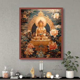 Golden Maitreya Buddha Pink Flowers Illustration Poster