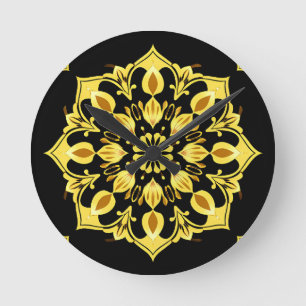 Golden Mandala Design With Symmetrical Patterns Round Clock