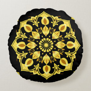 Golden Mandala Design With Symmetrical Patterns Round Cushion