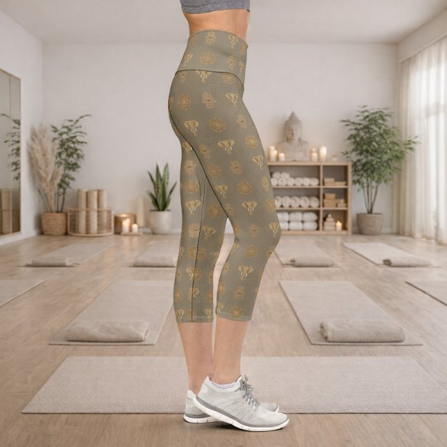 Golden Mandala Elephant Hamsa Hand -Boho Art Print Capri Leggings (Creator Uploaded)