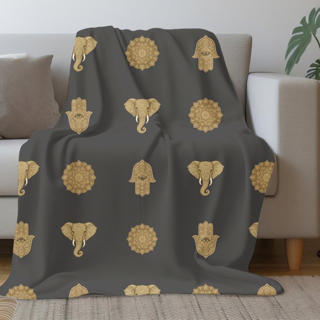Golden Mandala Elephant Hamsa Hand -Boho Art Print Fleece Blanket (Creator Uploaded)