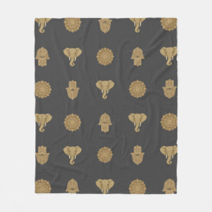Golden Mandala Elephant Hamsa Hand -Boho Art Print Fleece Blanket