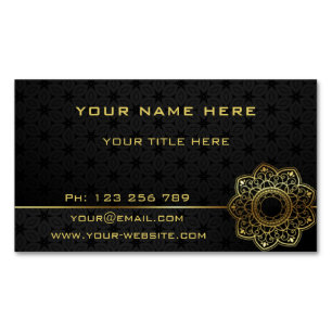 Golden Mandala Flower Gold Text Black Professional Magnetic Business Card