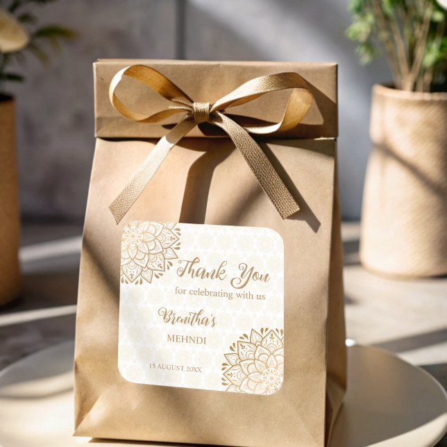 Golden mandala Mehndi personalised  Square Sticker (Golden mandala Mehndi personalized Square Sticker)