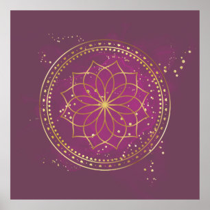 Golden Mandala on Plum   Elegant Sacred Geometry A Poster