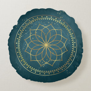 Golden Mandala on Teal Round Cushion
