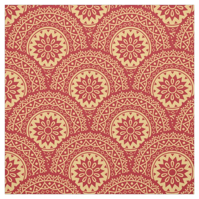 Golden mandala waves on red background fabric (Swatch)