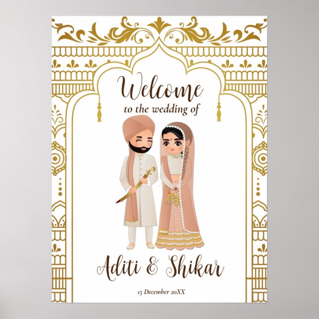 Golden mandap border Indian couple welcome  Poster (Front)