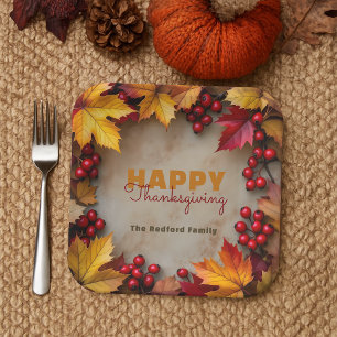 Golden Maple Leaves and Red Berries Thanksgiving Paper Plate