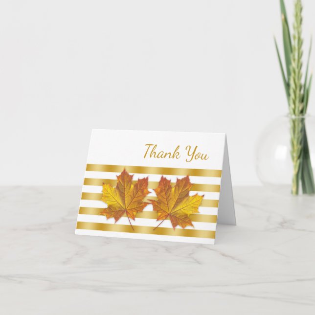 Golden maple leaves, stripes Thank You Card (Front)