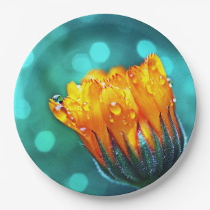 Golden Marigold on Teal Bokeh Paper Plate
