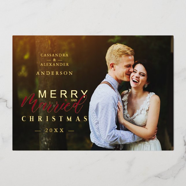 Golden Married & Merry Newlyweds Photo Christmas (Front)