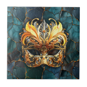 Golden Mask on Teal-Blue Marble Tile