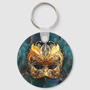 Golden Mask on Teal Vains Backcground Key Ring