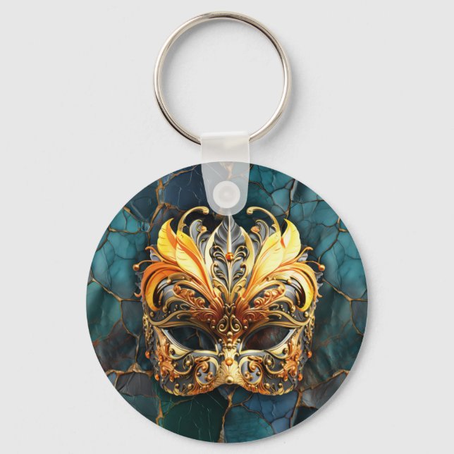 Golden Mask on  Teal Vains Backcground Key Ring (Front)