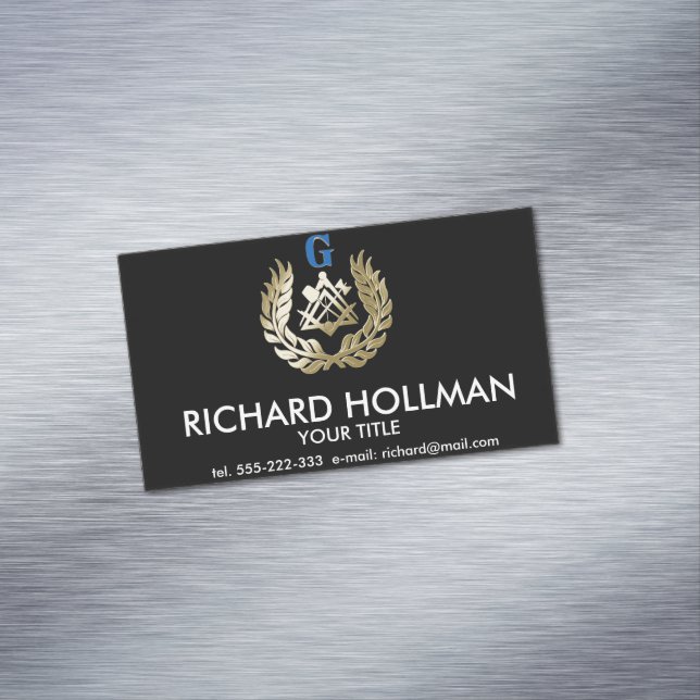 Golden masonry symbol magnetic business card (In Situ)
