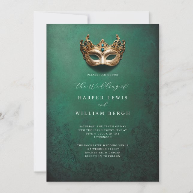 Golden masquerade mask wedding invitation (Front)