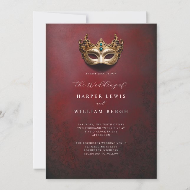 Golden masquerade mask wedding invitation (Front)