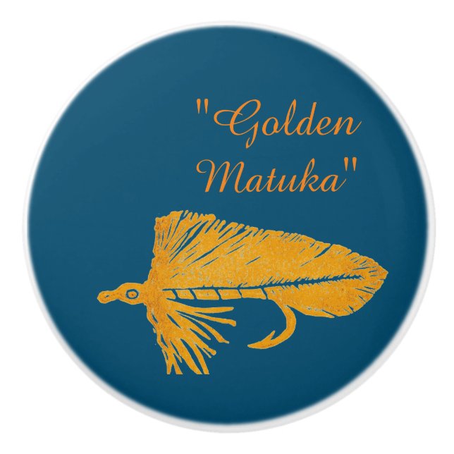 Golden Matuka streamer, fly fishing, fly tying art Ceramic Knob (Front)