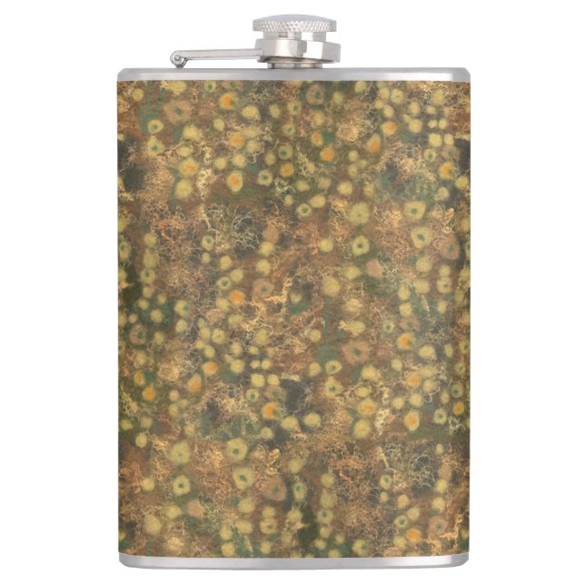 Golden Meadow, abstract floral pattern olive green Hip Flask (Front)