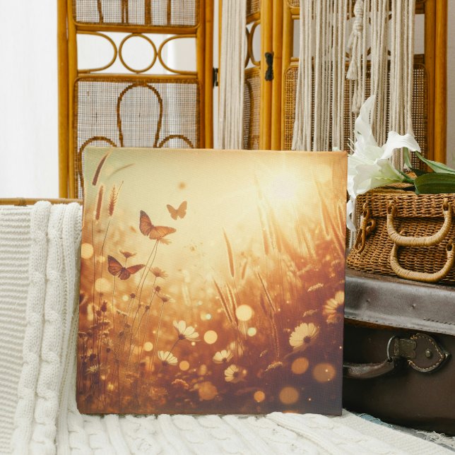 Golden Meadow Bliss – Vintage Floral Canvas Art (Golden hour butterflies. Sun-drenched meadow canvas art. #ButterflyDecor #SummerVibes)