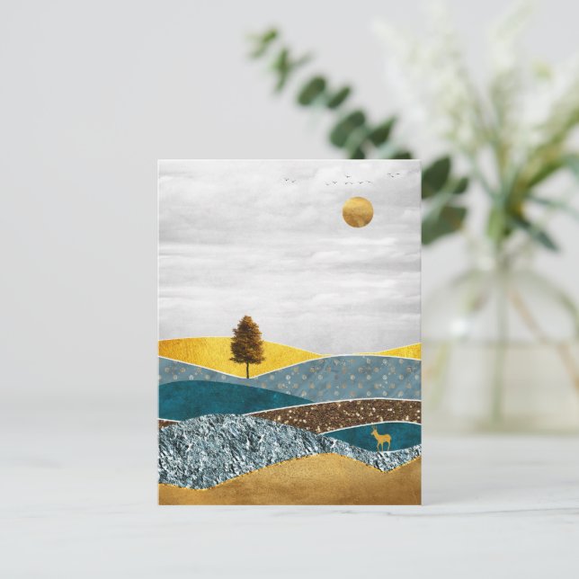 Golden Meadow with Tree and Deer Postcard (Standing Front)