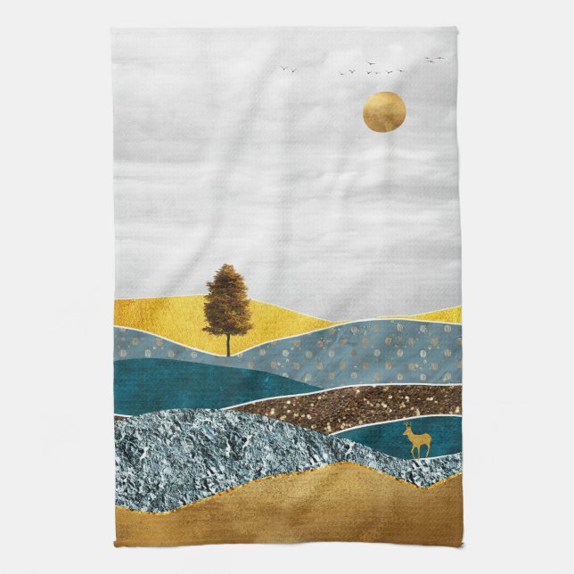 Golden Meadow with Tree and Deer Tea Towel (Vertical)