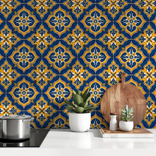 Golden Mediterranean: Blue & Yellow Azulejo Tiles Wallpaper (Creator Uploaded)