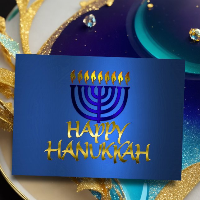 Golden Menorah Flames Happy Hanukkah on Blue Holiday Card (Creator Uploaded)